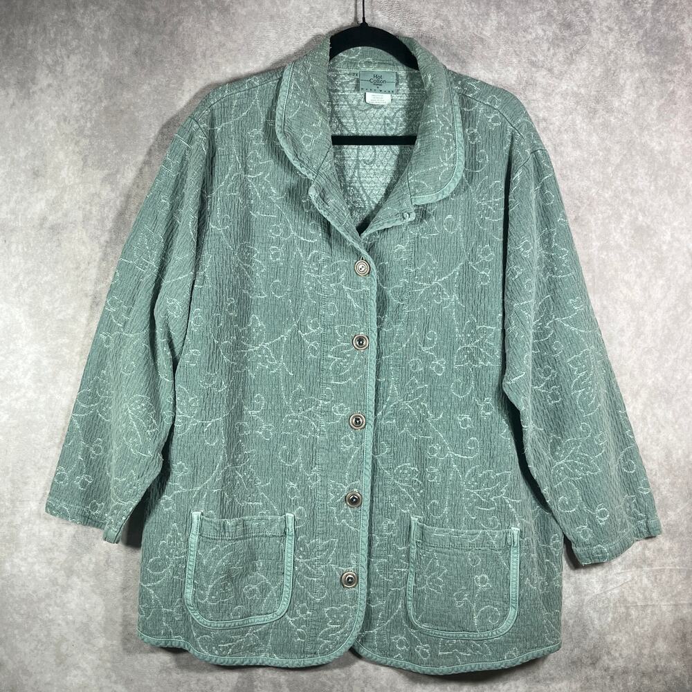 Hot Cotton Blazer Jacket Women 2X Green Floral Quilted Button Front Mature Artsy